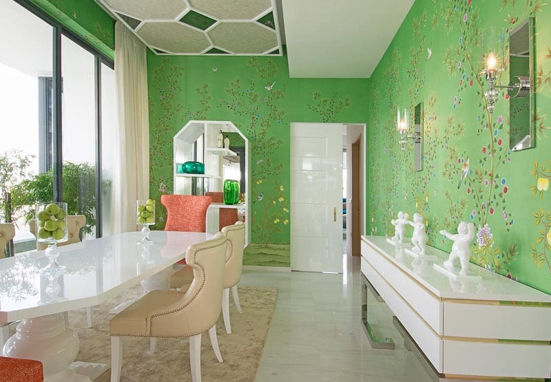 Dining room with green silk Fromental design wallpaper